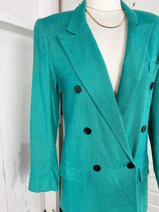 Linen Teal Double-Breasted Blazer