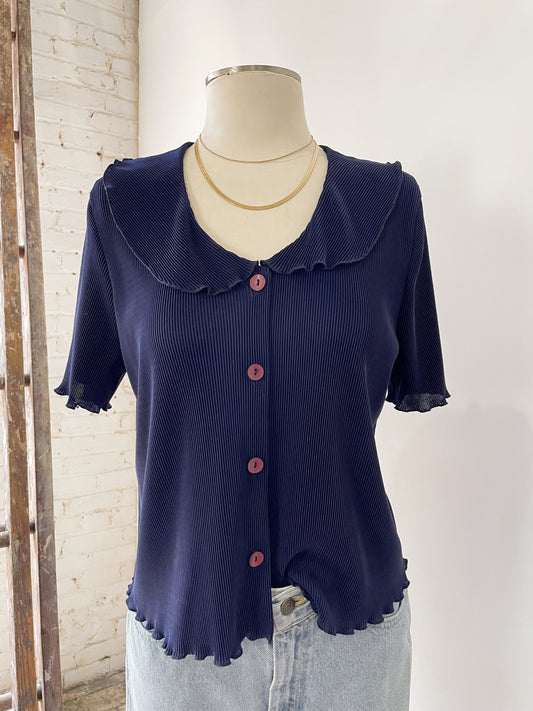 Navy Pleat Collar Blouse