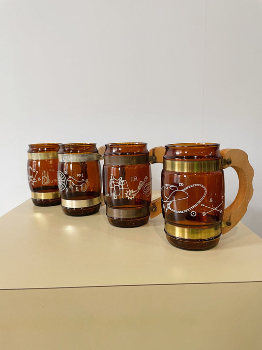 Cowboy Glass and Wooden Handle Mugs, Set of 4