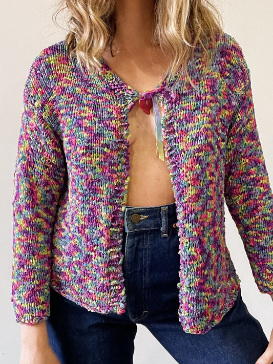 Rainbow Heart Crochet Open Cardigan