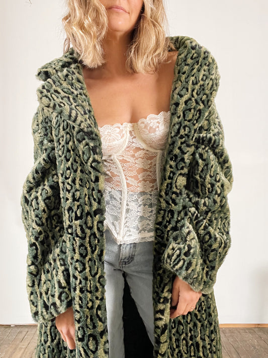 Green Leopard Faux Fur Coat
