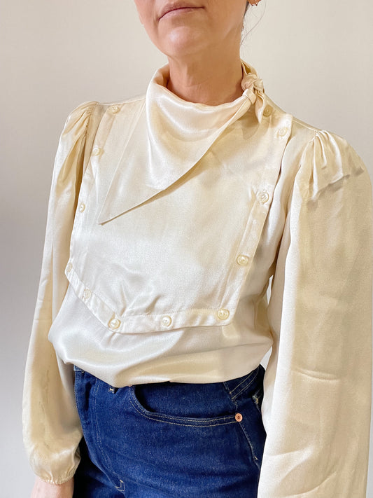 70s Ivory Small Sateen Bib Blouse