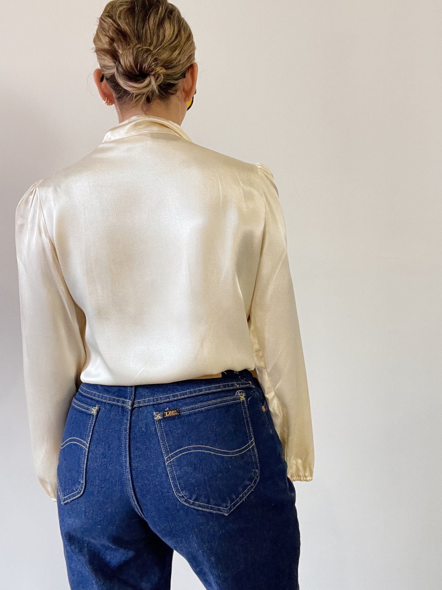 70s Ivory Small Sateen Bib Blouse