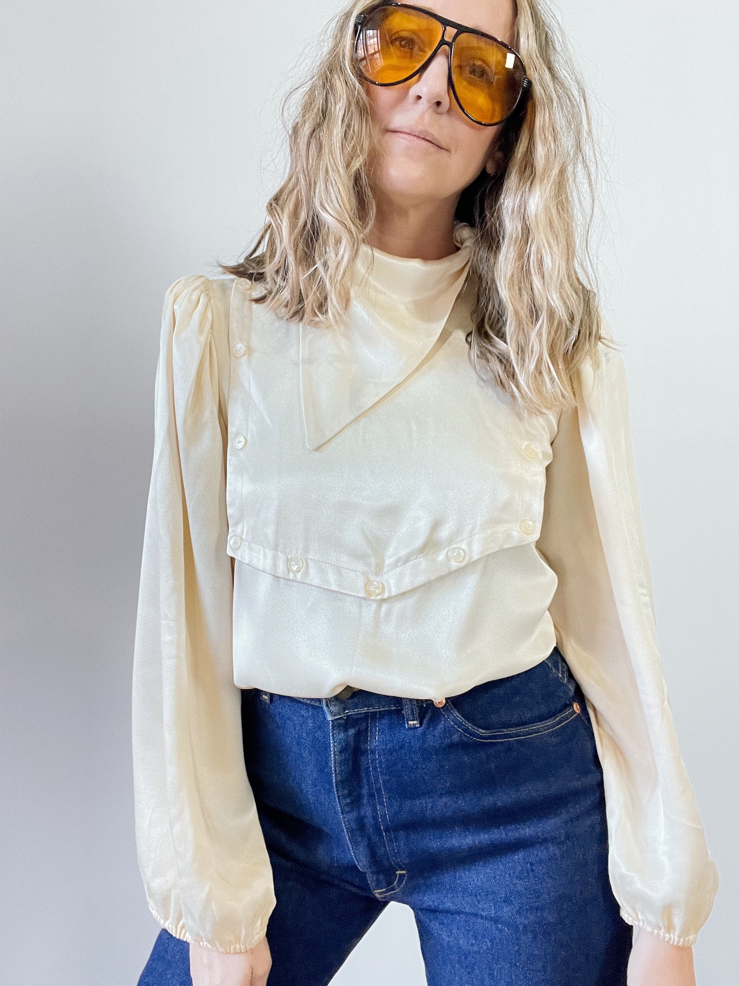 70s Ivory Small Sateen Bib Blouse