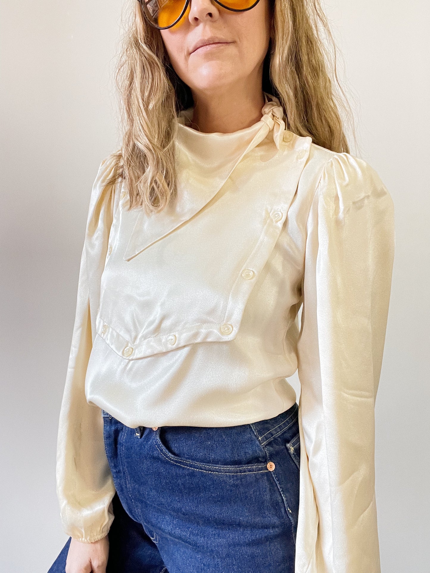 70s Ivory Small Sateen Bib Blouse