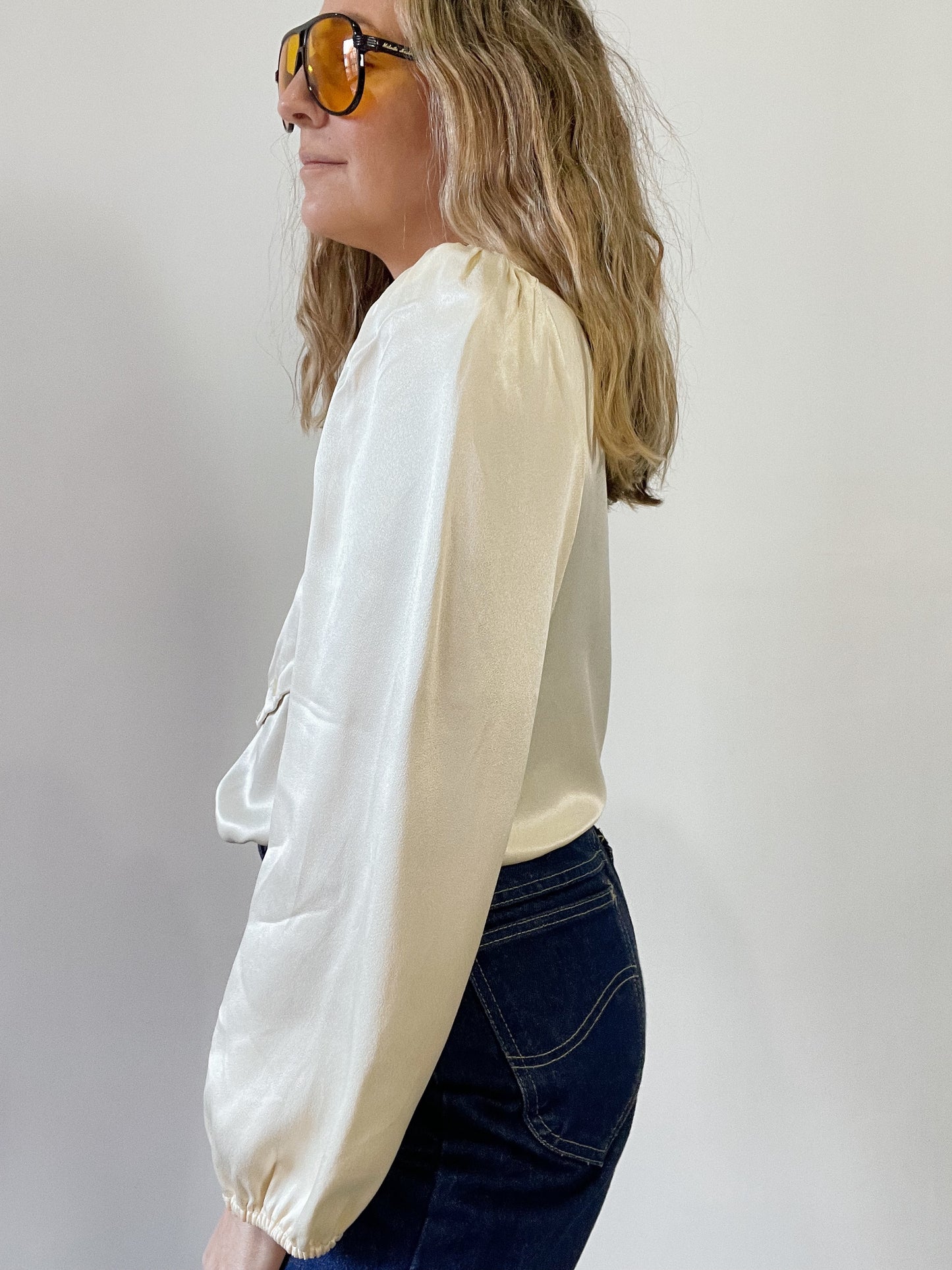 70s Ivory Small Sateen Bib Blouse