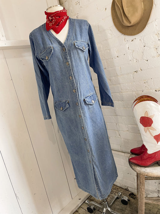 Hey Dude Denim V-Neck Midi Dress